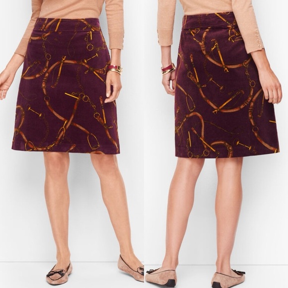 TALBOTS CORDUROY A-LINE SKIRT EQUESTRIAN PRINT SKIRT MAROON BURGUNDY BROWN 10 - Picture 3 of 8